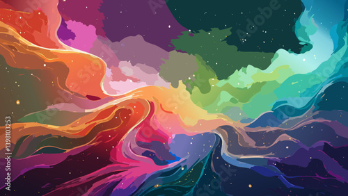 Create a visually arresting abstract background with three complementary colors, emphasizing organic, flowing shapes that suggest a celestial nebula