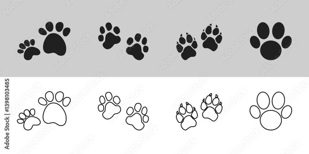 Fototapeta premium Seamless black and white dog paw print pattern, ideal for fashion, textile, and decor. Paw Icon. Paws Icons. Dog, bear and cat paw prints collection. Vector Illustration. Vector Graphic. EPS 10