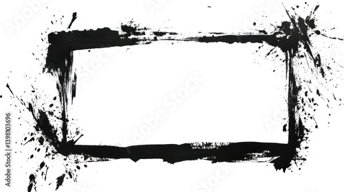 Grunge Ink Frame with Splatter and Brush Isolated on Transparent Background