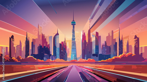 Imagine a futuristic cityscape at sunset; design an abstract background in three colors capturing this scene's ethereal and slightly melancholic mood