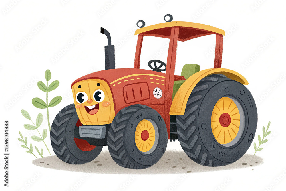 Cute cartoon tractor isolated on white background. A cute cartoon tractor with large wheels and a smiling face, isolated on white, perfect for children’s themes Cute cartoon tractor isolated on white background. A cute cartoon tractor with large wheels and a smiling face, isolated on white, perfect for children’s themes