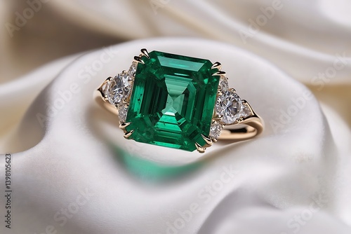 An exotic green emerald ring flanked by diamond accents, showcased on a white silk handkerchief.