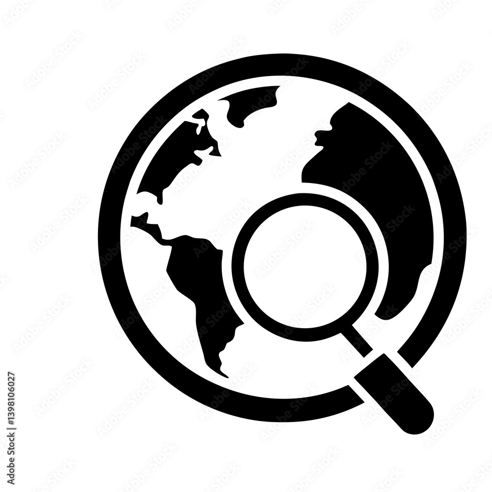 Global Search Icon Black And White World Globe With Magnifying Glass Global Search Icon Black And White World Globe With Magnifying Glass