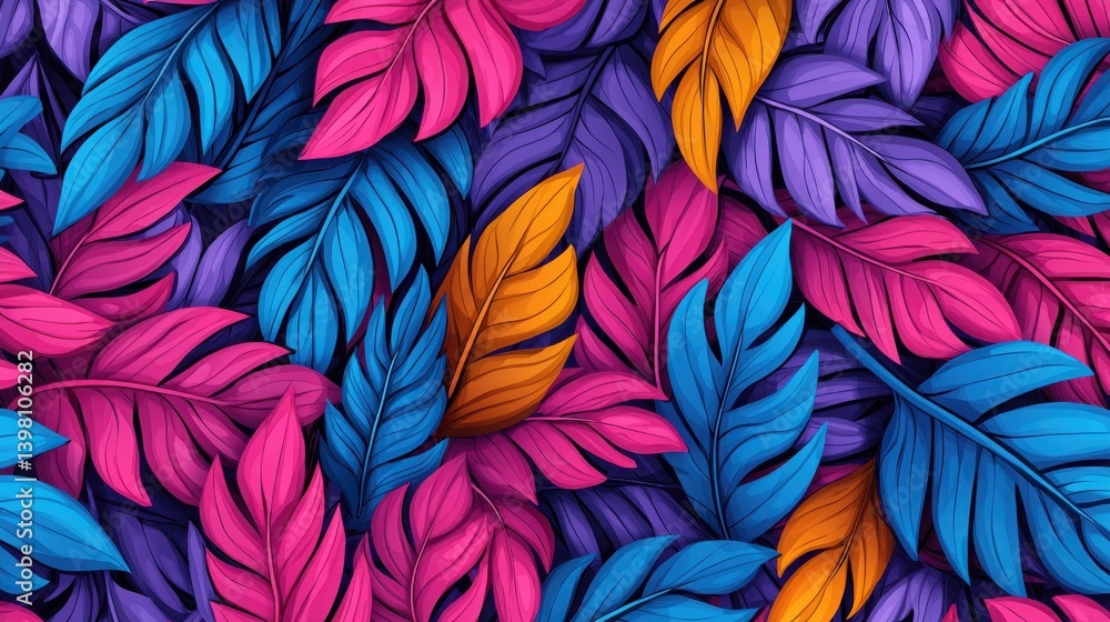 Vibrant whimsical decorative pattern of cartoon palm leaves digital art colorful tropical environment close-up view Vibrant whimsical decorative pattern of cartoon palm leaves digital art colorful tropical environment close-up view