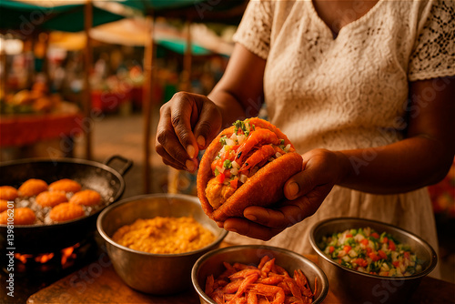 Woman preparing acarajé at a Brazilian street market