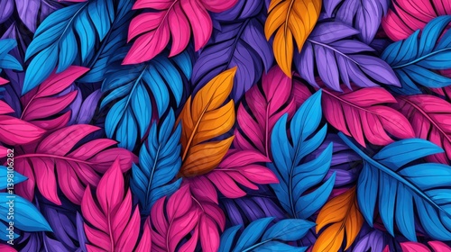 Wallpaper Mural Vibrant whimsical decorative pattern of cartoon palm leaves digital art colorful tropical environment close-up view Torontodigital.ca