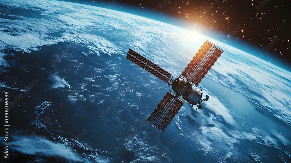 Satellite orbiting Earth with sunlit horizon. Spacecraft with solar panels above clouds. Science and exploration imagery. Satellite orbiting Earth with sunlit horizon. Spacecraft with solar panels above clouds. Science and exploration imagery.
