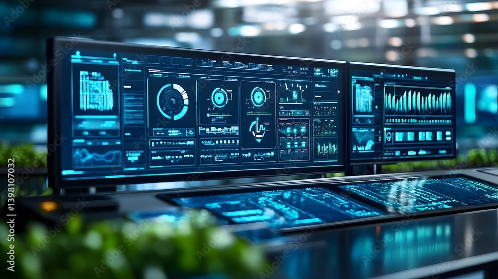 Complex digital interfaces displaying real-time data with graphs and charts on multiple monitors in a modern, high-tech control center. Complex digital interfaces displaying real-time data with graphs and charts on multiple monitors in a modern, high-tech control center.