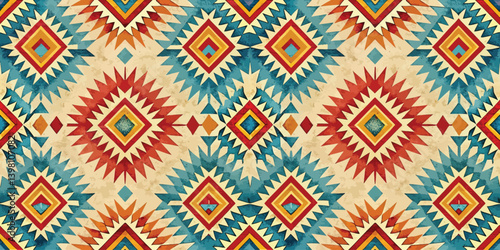 Vibrant geometric pattern featuring rich colors and intricate diamond shapes.