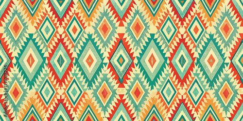 Colorful geometric pattern featuring vibrant diamonds and triangles.