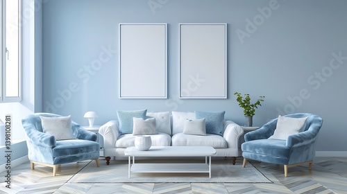 Beautiful Apartment, Sofa, Chair, Dining Table wall Mockup Interior design of modern living room