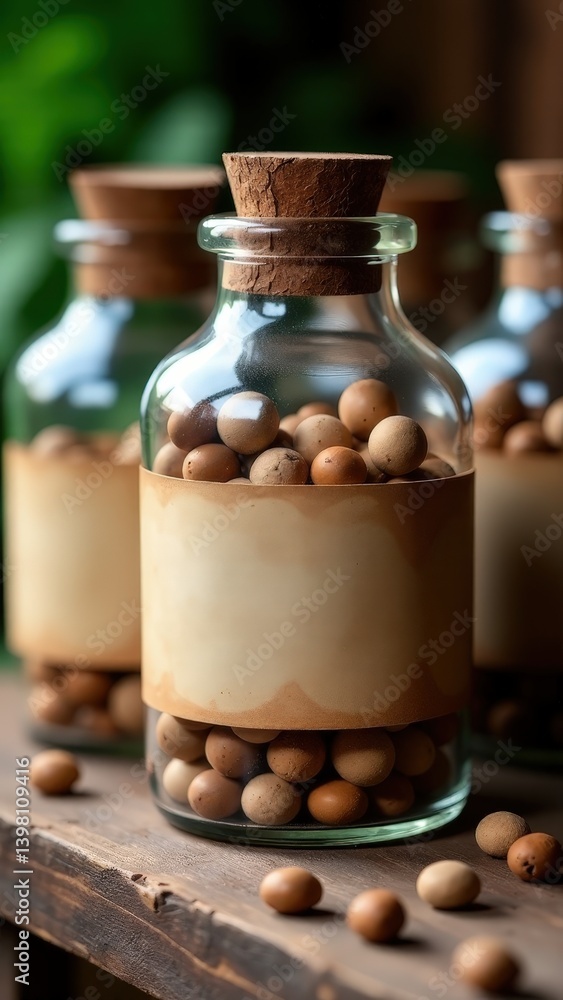 Rustic glass jars filled with assorted small wooden spheres on wooden table. Rustic glass jars filled with assorted small wooden spheres on wooden table.