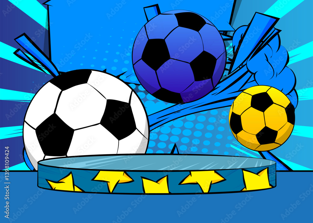 Obraz premium Comic Book Product podium stage for mockup presentation with Soccer Ball. Retro comics background.