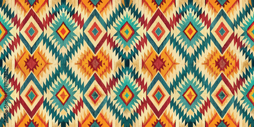 Vibrant geometric pattern featuring bold colors and intricate designs.