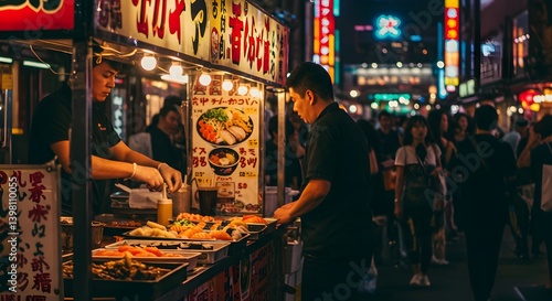  busy japanese street food stall at night with chefs cooking under neon lights and crowd in the background