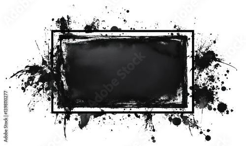 Grunge Ink Frame with Splatter and Brush Isolated on Transparent Background