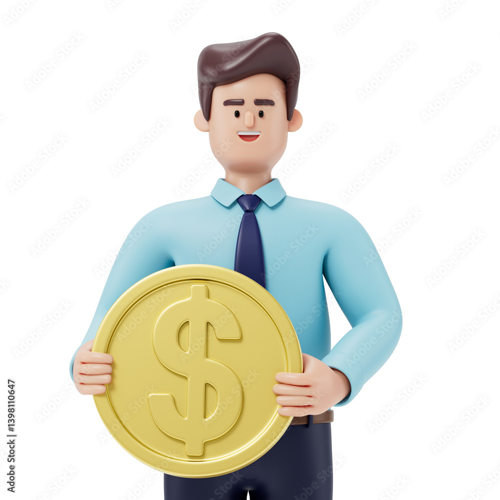 Man holding a large gold coin, symbolizing wealth or financial success. 3D rendering, conceptual image. Isolated on white background. Man holding a large gold coin, symbolizing wealth or financial success. 3D rendering, conceptual image. Isolated on white background.