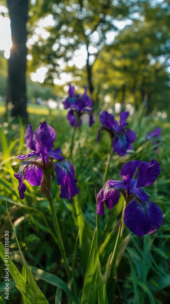 A group of purple iris flowers blooming in the lake in a city park, with sunset light A group of purple iris flowers blooming in the lake in a city park, with sunset light