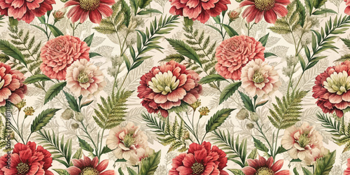 Vibrant floral pattern featuring delicate blossoms and lush greenery.