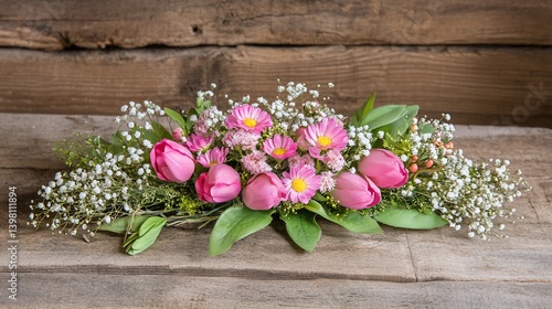 Wallpaper Mural Pink floral arrangement on rustic wooden planks Torontodigital.ca