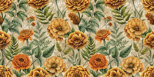 Vibrant floral pattern featuring rich orange blooms and lush green leaves.