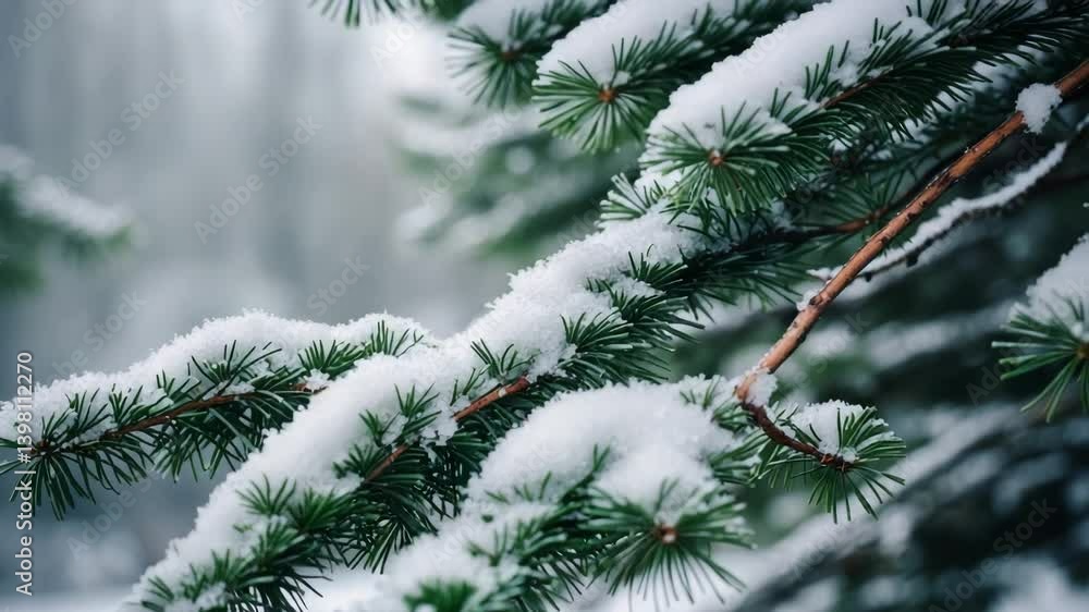 Frosted spruce branch adorned with delicate layers of snow, showcasing the evergreen needles in a serene close-up of winter's beauty. Frosted spruce branch adorned with delicate layers of snow, showcasing the evergreen needles in a serene close-up of winter's beauty.