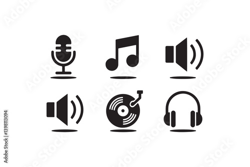 Simple Black Audio Icons Set for Music and Audio Design