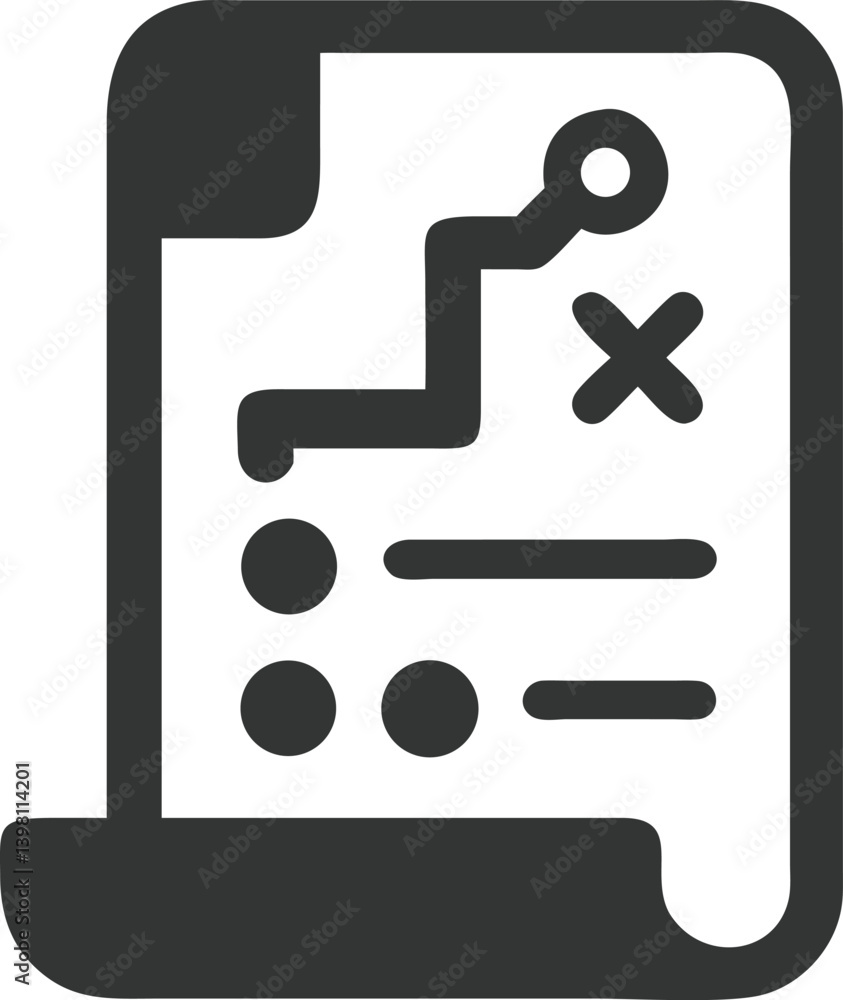 Simple Paper Strategy Icon with Route, Circle, Cross and List on White Simple Paper Strategy Icon with Route, Circle, Cross and List on White