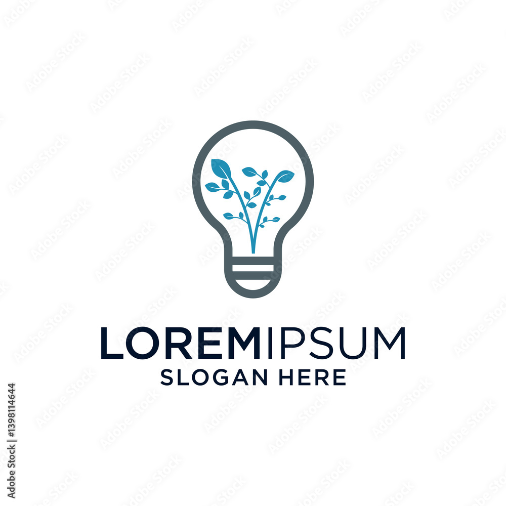 Blue and Grey Lightbulb with Plant Inside Logo Design Blue and Grey Lightbulb with Plant Inside Logo Design