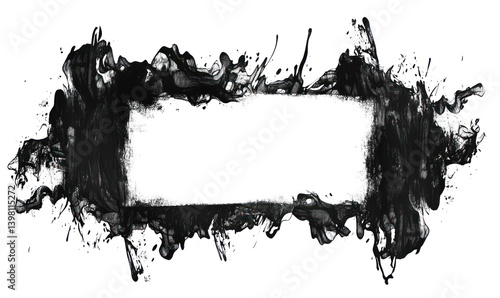 Grunge Ink Frame with Splatter and Brush Isolated on Transparent Background