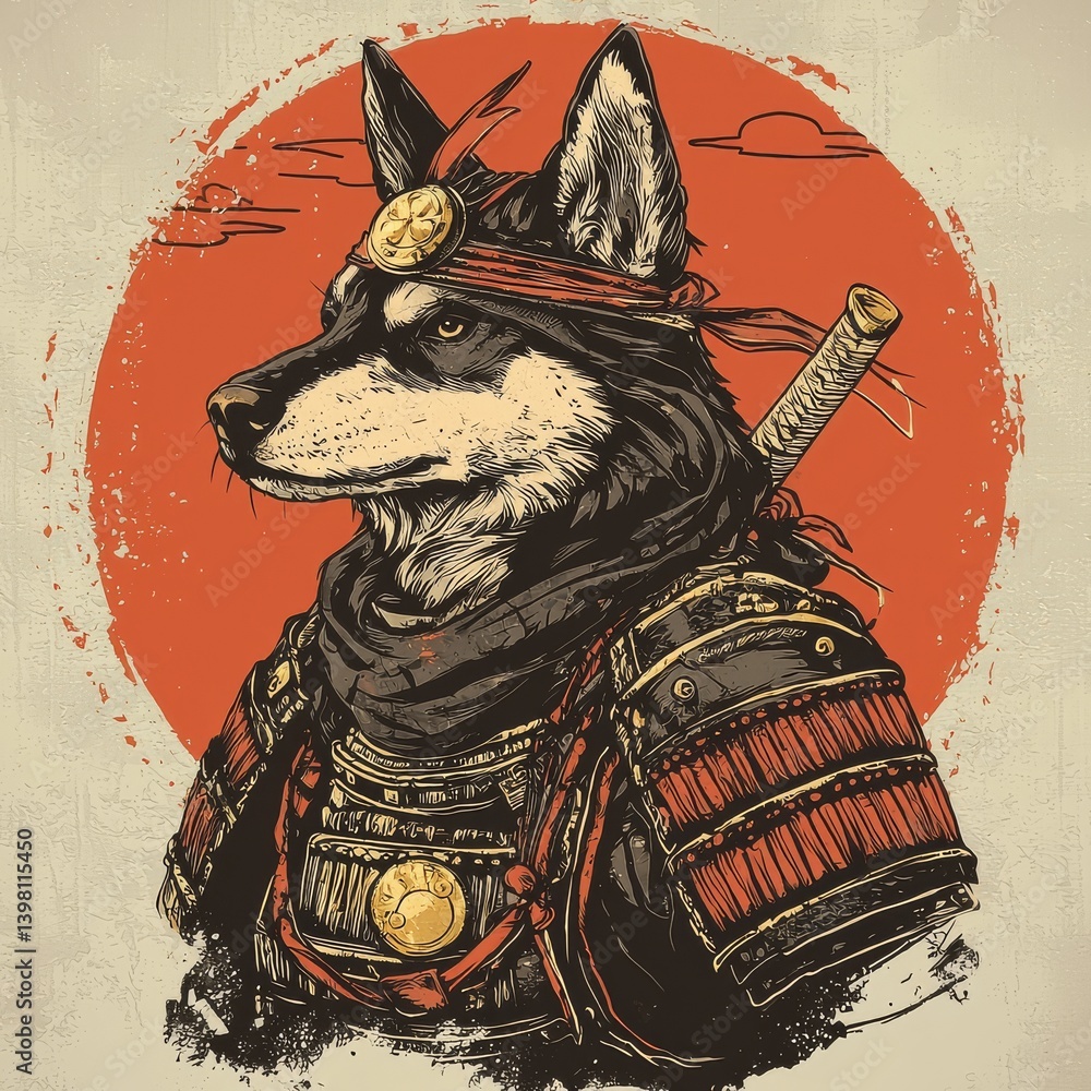 Obraz premium The Samurai's Resolve: An illustrated depiction of a wolf adorned in samurai attire against a vibrant orange sun backdrop, a fusion of animalistic grit and warrior spirit.