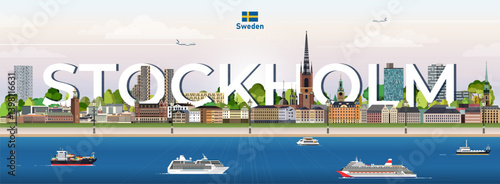 Obraz na płótnie Stockholm cityscape colorful vector illustration with big city name on the background. Travel trendy poster w salonie