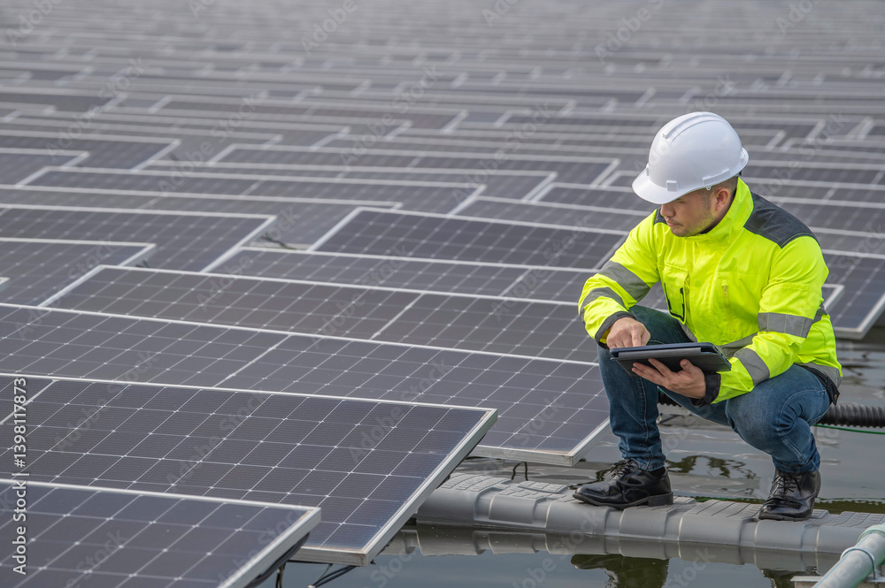 Engineer working at floating solar farm,checking and maintenance with solar batteries near solar panels,supervisor Check the system at the solar power station Engineer working at floating solar farm,checking and maintenance with solar batteries near solar panels,supervisor Check the system at the solar power station