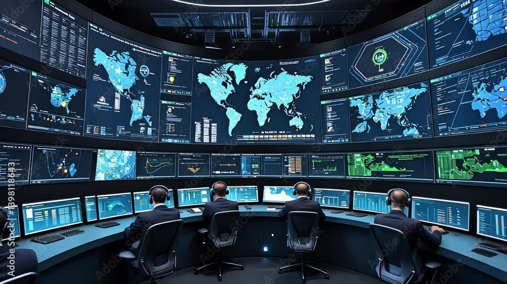 High-Tech Global Command Center with Operators Monitoring Digital Maps ...
