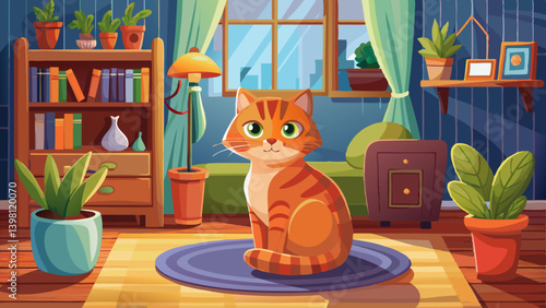 Ginger cat sitting on floor in cozy living room. Interior decor