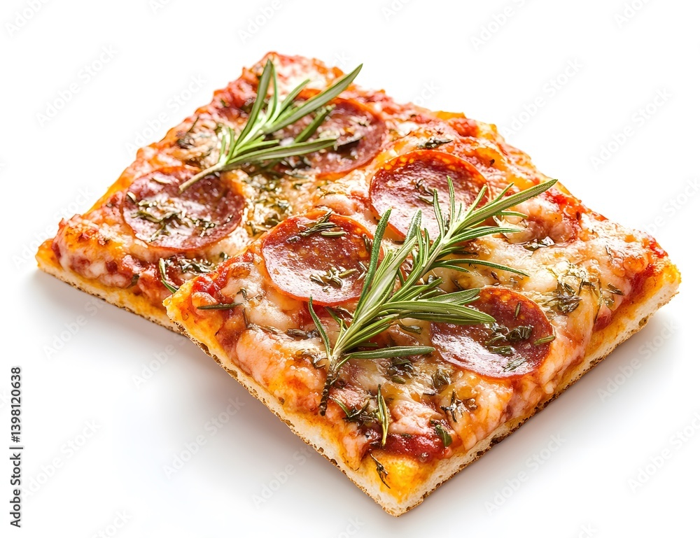 Two square pizza slices with pepperoni and herbs on a white surface. Two square pizza slices with pepperoni and herbs on a white surface.