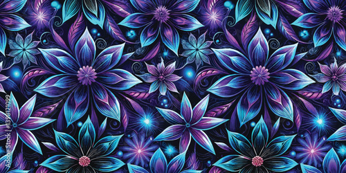 Vibrant floral pattern with intricate blue and purple flowers on a dark background.
