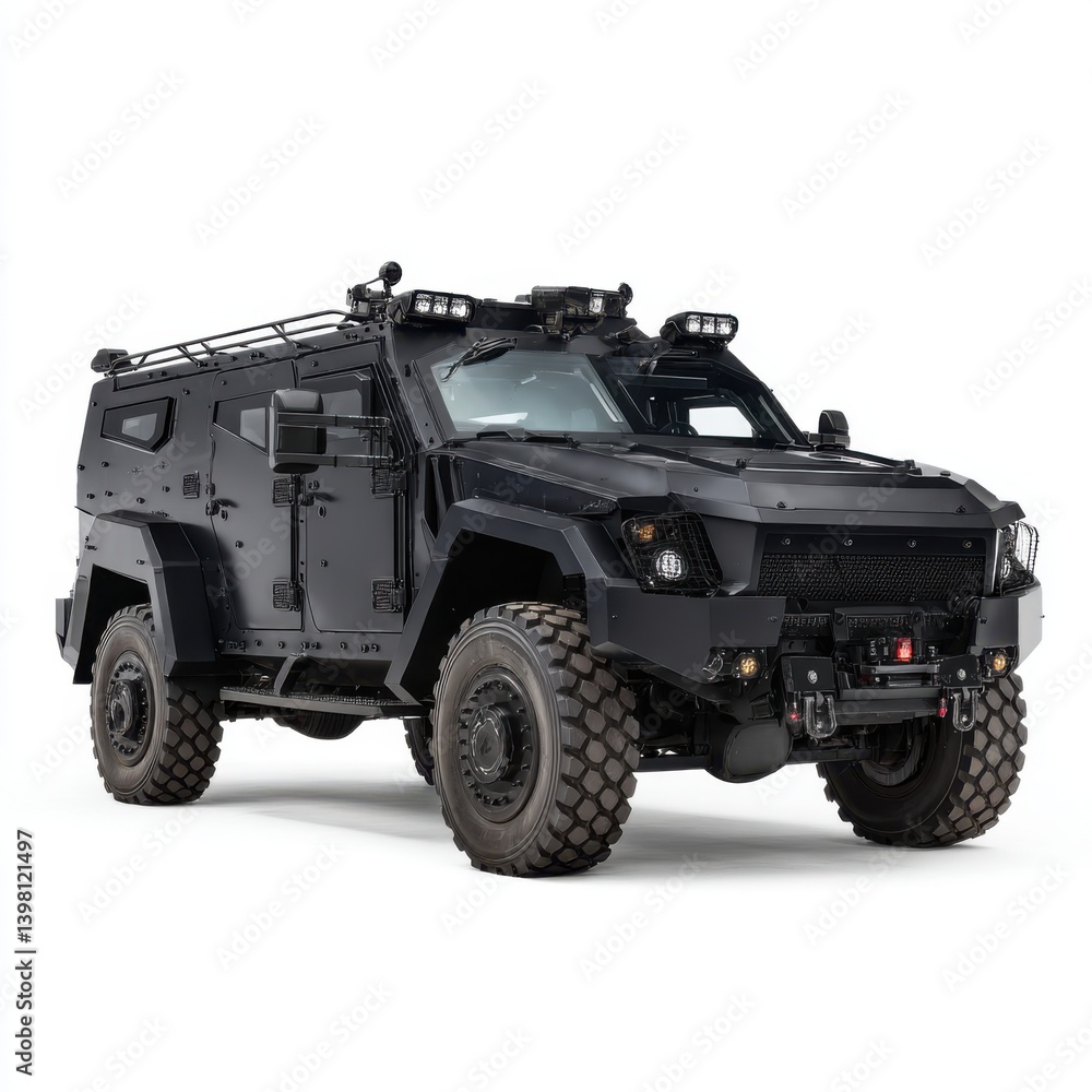 View of a large black armored vehicle against isolated on white background View of a large black armored vehicle against isolated on white background