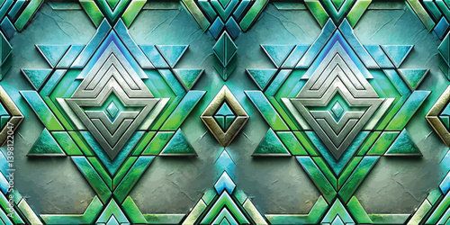 Vibrant geometric patterns in green and blue tones create a mesmerizing visual effect.