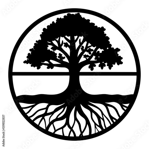 Circular Tree of Life Symbol with Extensive Roots and Branches