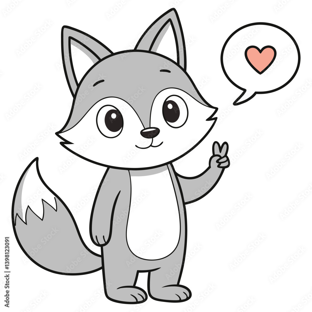 Fototapeta premium Cute Gray Wolf Cartoon with Love Heart Speech Bubble on Transparent Background