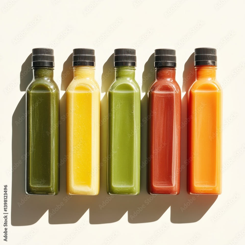 Cold pressed juice bottles arranged neatly, isolated on white with clean shadows Cold pressed juice bottles arranged neatly, isolated on white with clean shadows