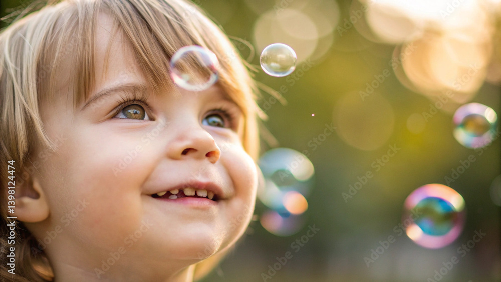 Joyful Child Captivated by Floating Bubbles in a Natural Outdoor Setting During Golden Hour Joyful Child Captivated by Floating Bubbles in a Natural Outdoor Setting During Golden Hour