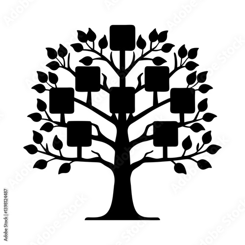 Black Silhouette Family Tree with Nine Photo Frames for Genealogy or Family History