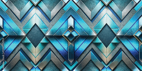 Geometric abstract patterns in blue tones featuring sharp angles and textures.