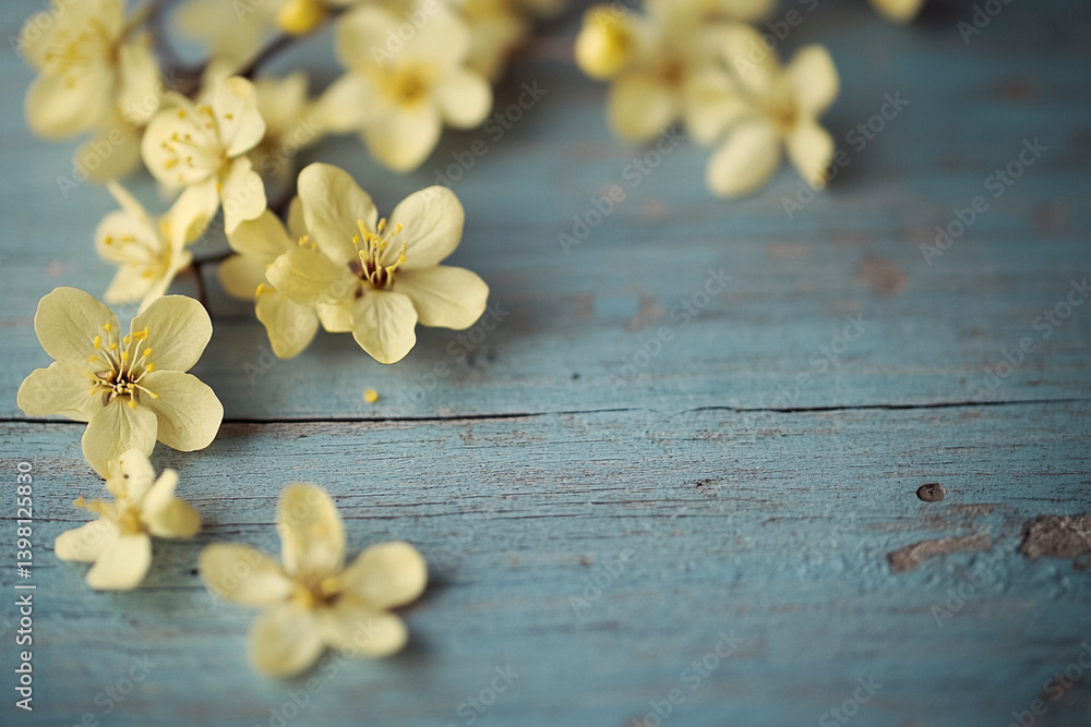 Fototapeta premium Delicate Yellow Flowers Arranged on Blue Weathered Painted Wood Surface