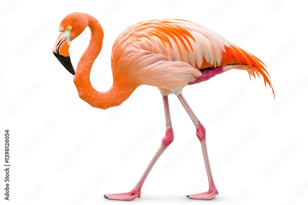 Obraz premium Pink flamingo walking, profile view, isolated, white background, zoo