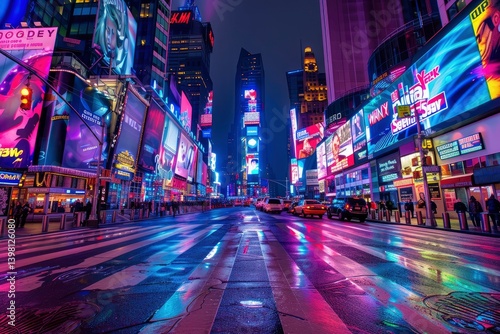 Vibrant Night Scene of Times Square with Colorful Billboards and Reflections on Wet Streets
