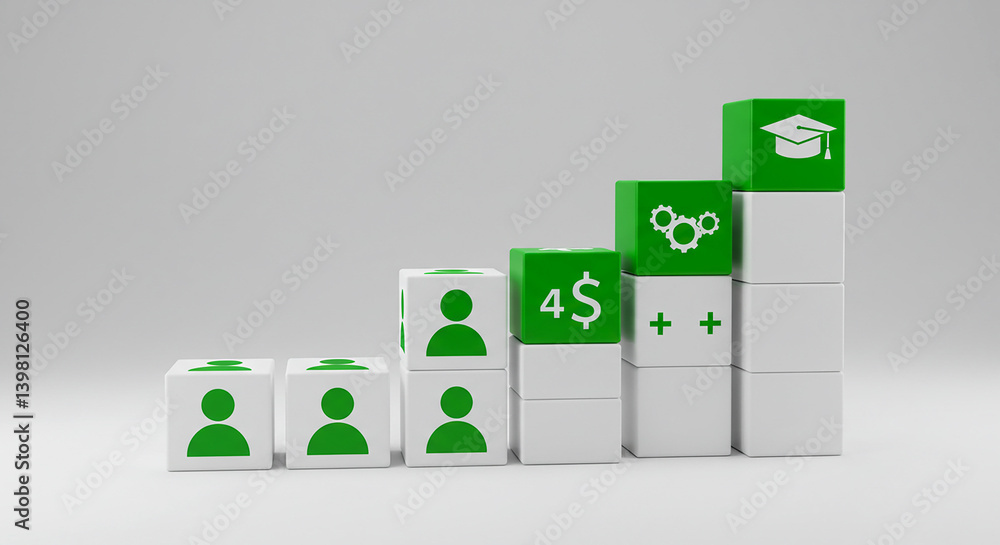 Stacked white and green cubes showing career progression with people money skills and education icons Stacked white and green cubes showing career progression with people money skills and education icons
