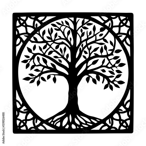 Square Framed Black and White Tree of Life Illustration Celtic Knotwork Design
